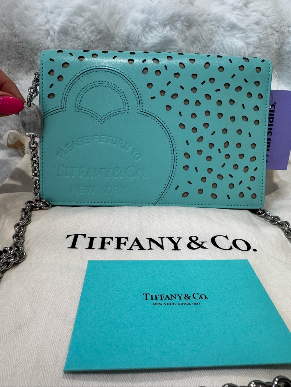 Tiffany & Co. Blue Leather Chain crossbody or clutch with Silver RTT charm